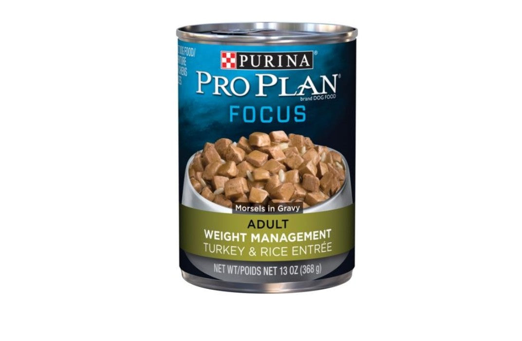 Pro Plan Weight Management Turkey and Rice Morsels In Gravy dog 12 pack 13oz cans