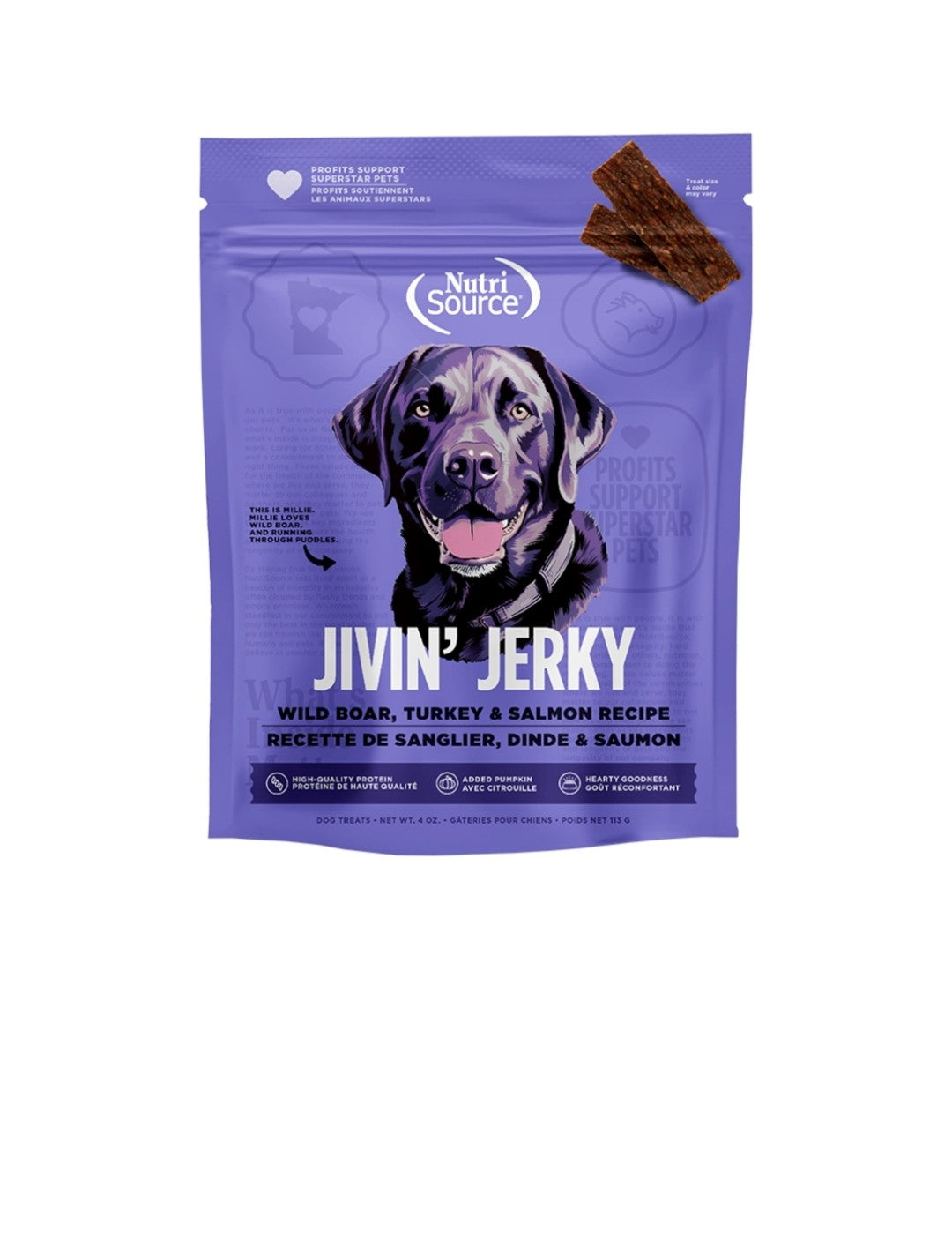Nutrisource Dog Jivin Jerky Wild Boar, Turkey and Salmon 4oz