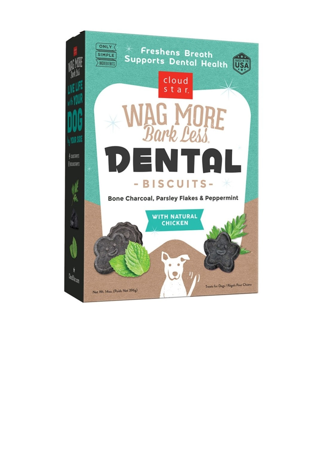 Cloud Star Dog Wag More Bark Less Dental Biscuit Chicken, Charcoal,Parsley and Mint 14 oz