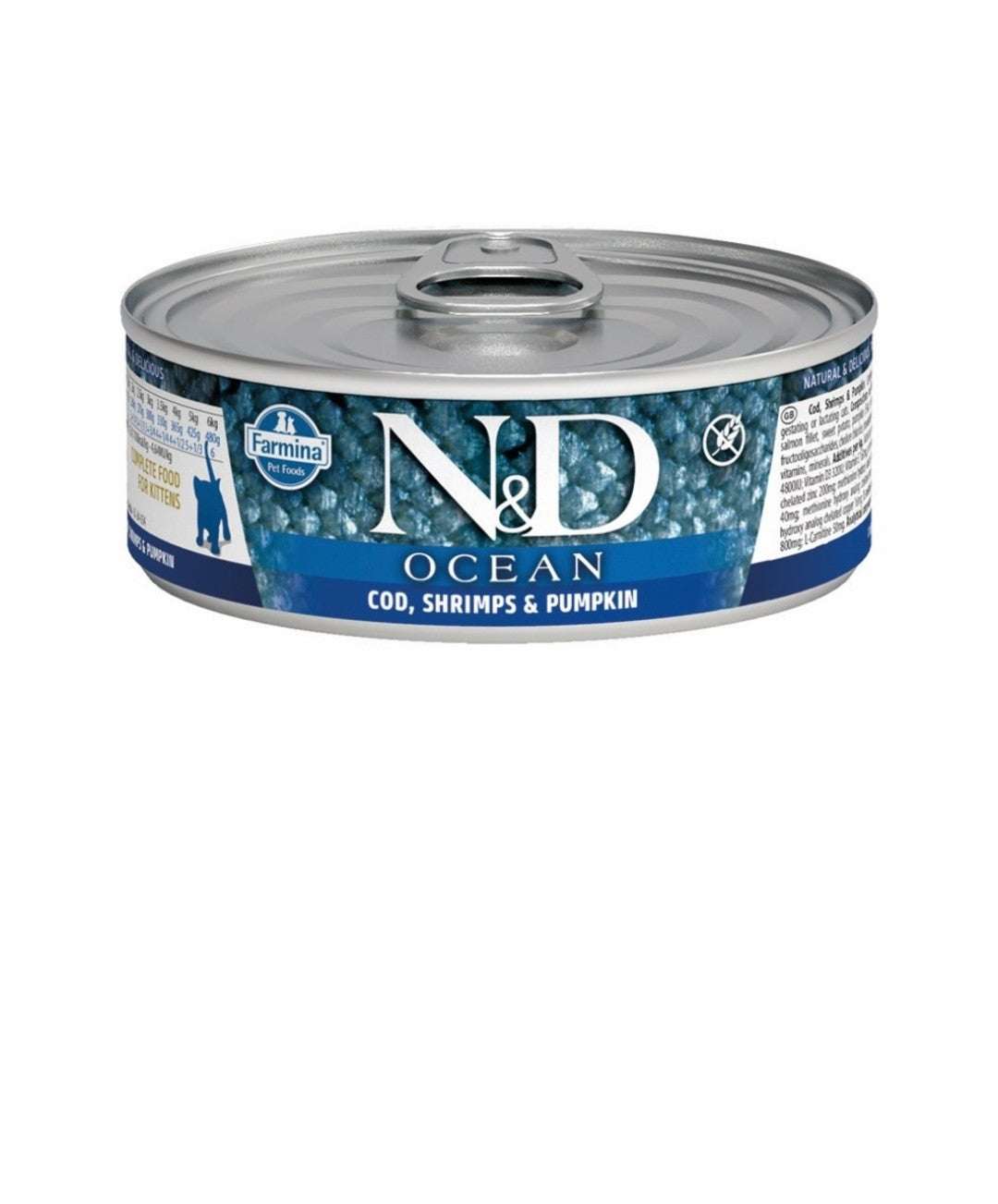 Farmina Cat N&D Ocean Kitten Grain Free Cod Shrimp and Pumpkin 2.5 oz cans 24 pack
