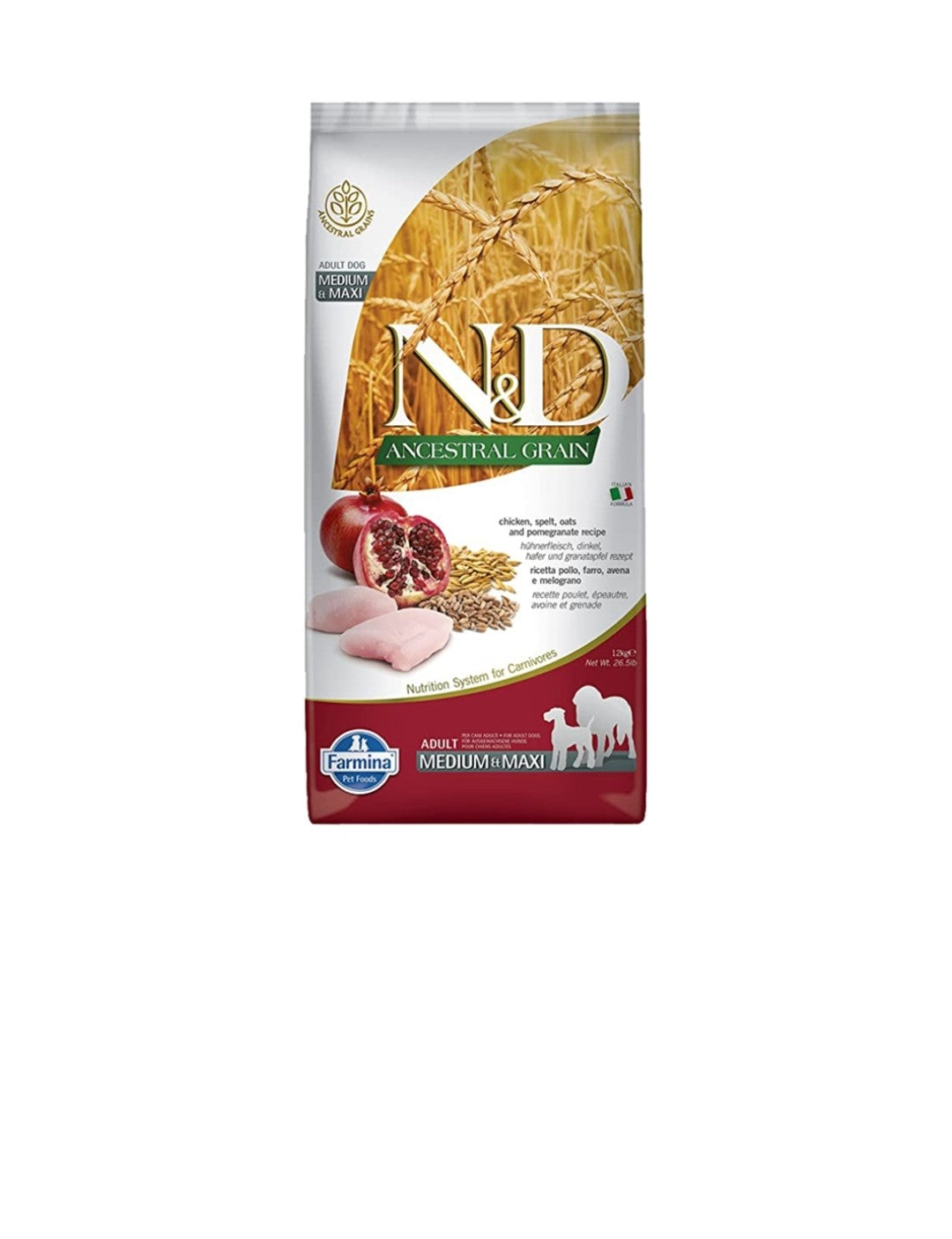 Farmina Dog N&D Ancestral Grain Adult Medium And Maxi Chicken And Pomegranate 26.4 lbs