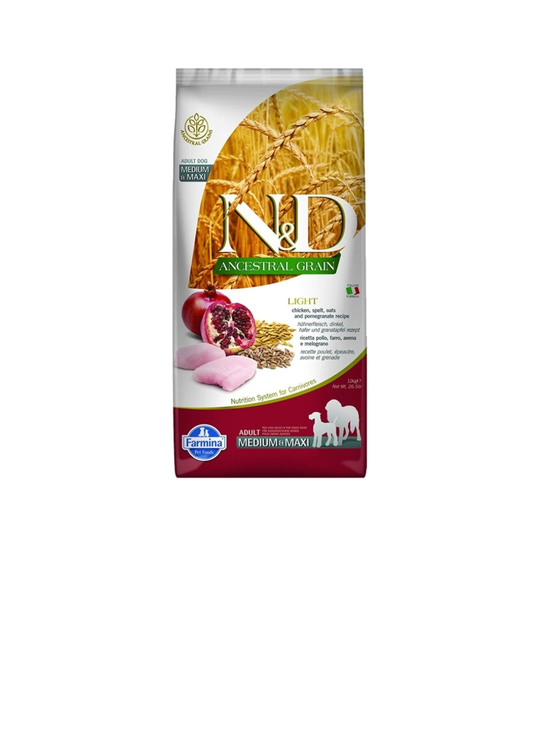Farmina Dog N&D Ancestral Grain light Medium And Maxi Chicken and Pomegranate 26.4 lbs