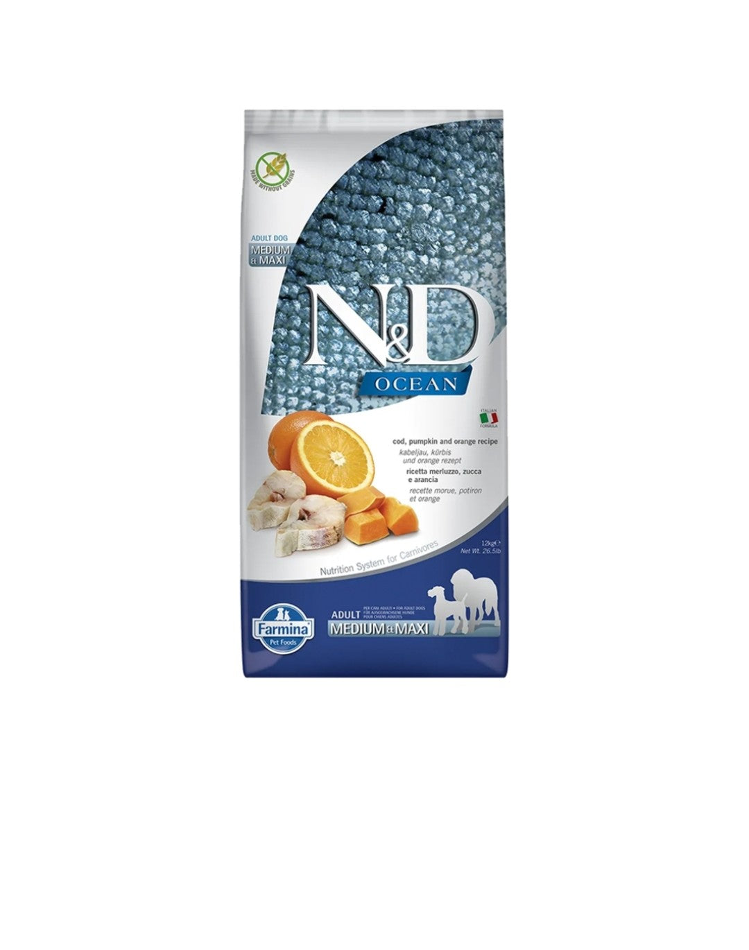 Farmina Dog N&D Ocean Adult Medium And Maxi Grain Free Cod Pumpkin and Orange 5.5