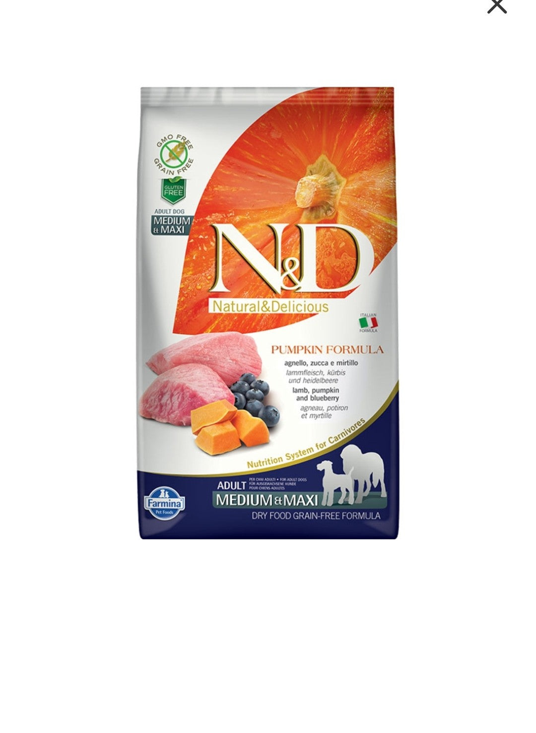 Farmina Dog N&D Pumpkin Adult Medium And Maxi Grain Free Lamb and Blueberry 26.4 lbs