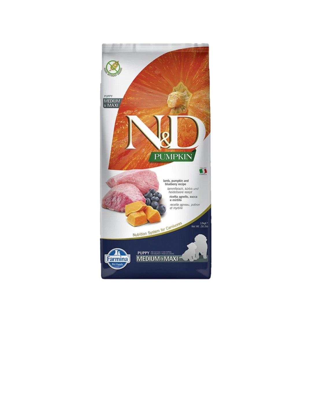 Farmina Dog N&D Pumpkin Puppy Medium And Maxi Grain Free Lamb and Blueberry 26.4 lbs