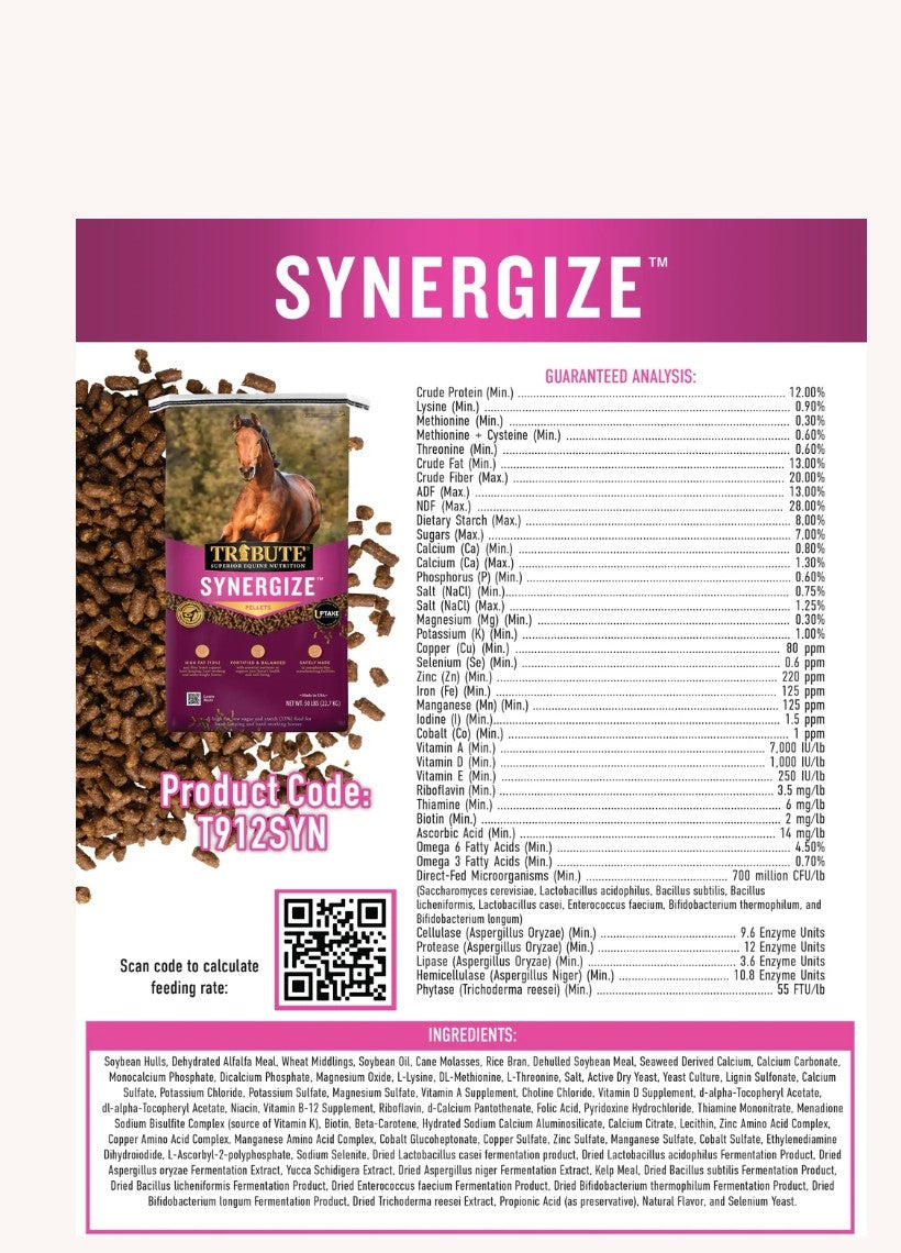 Tribute Synergize Low NSC High Fat Pelleted Horse Feed 50 lbs