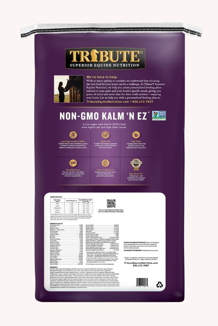 Tribute Kalm N EZ Pellet Non-GMO Low NSC Horse Feed 50 lbs