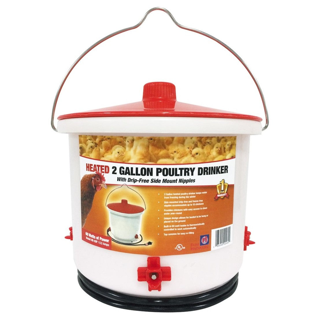 Heated Poultry Waterer With Side Mount Nipples 2 Gallon