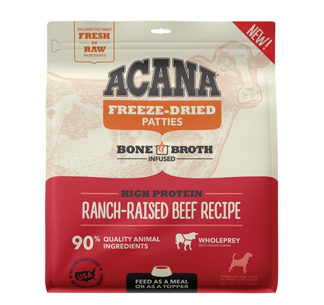 Acana Dog Food Grain Free Freeze Dried Patties Farm Raised Beef Recipe 14 oz