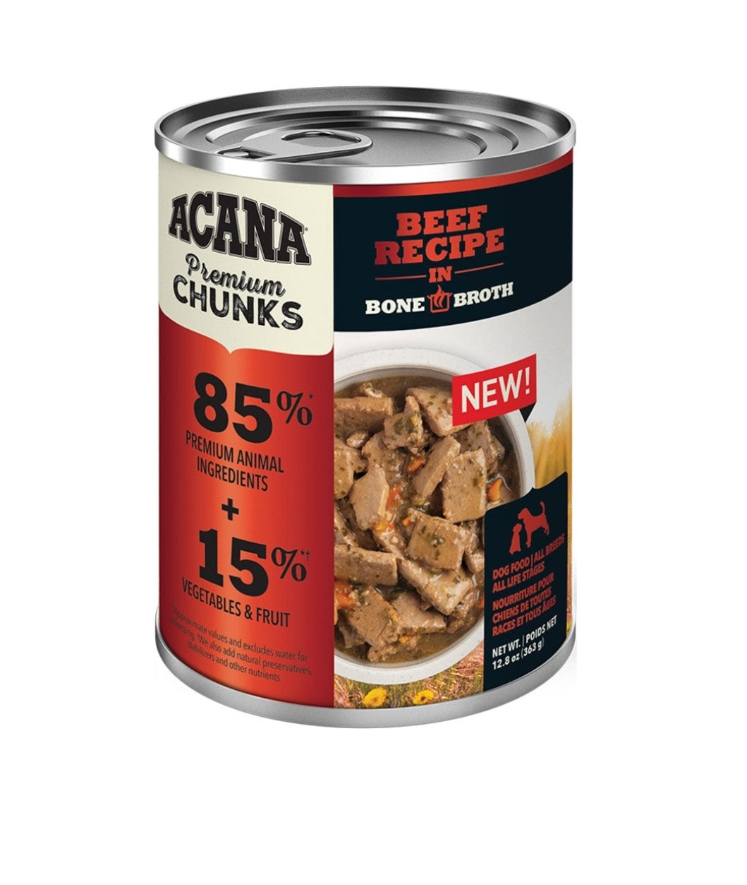 Acana Dog Food Grain Free Premium Chunks Beef Recipe In Bone Broth 12.8 oz 12 Pack