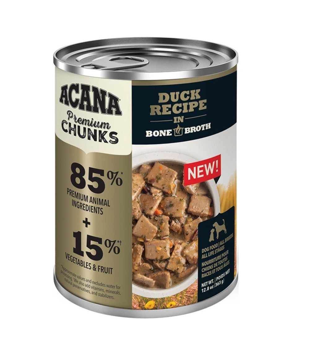 Acana Dog Food Grain Free Premium Chunks Duck Recipe In Bone Broth 12.8 oz 12 Pack