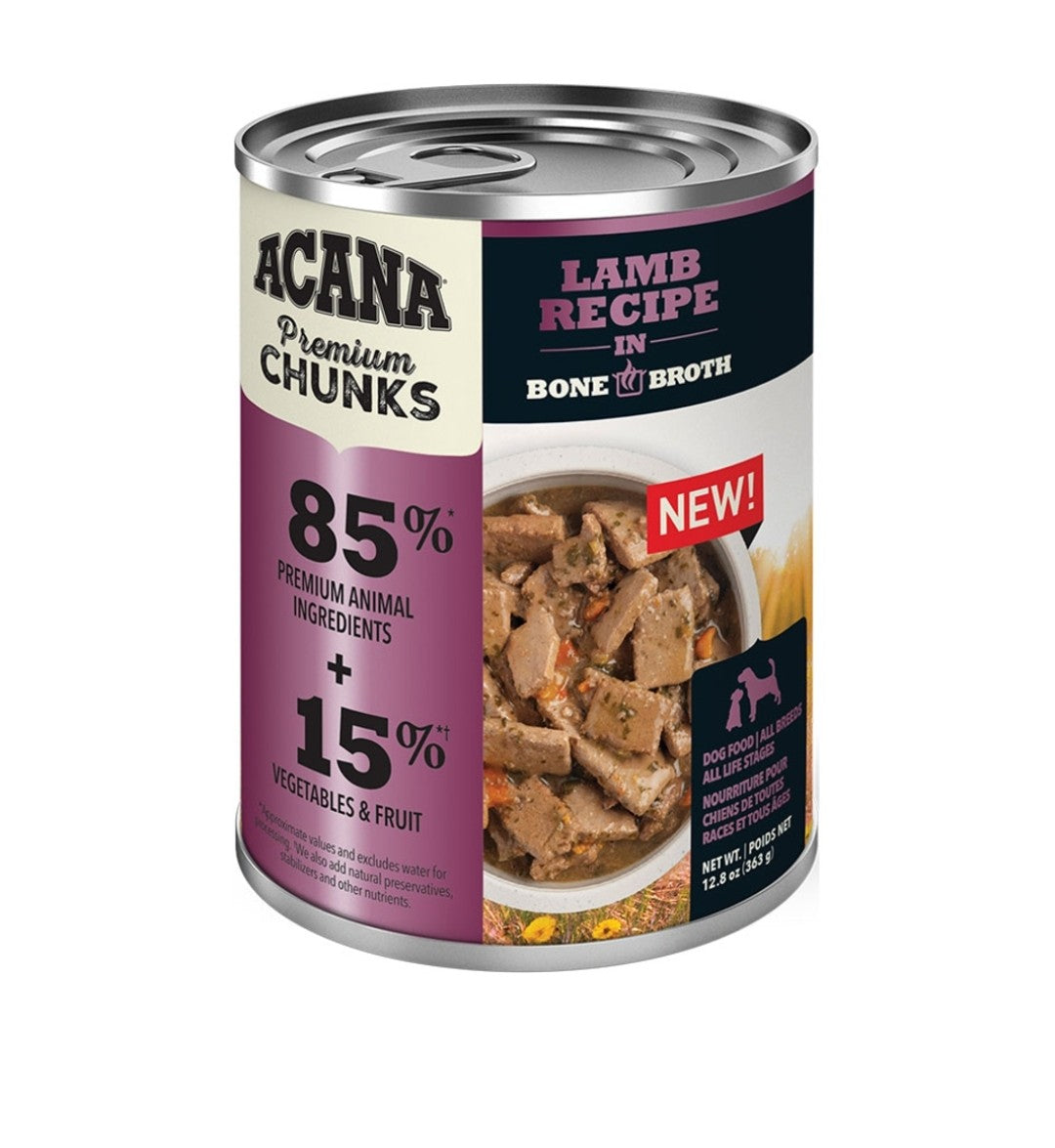 Acana Dog Food Grain Free Premium Chunks Lamb Recipe In Bone Broth 12.8 oz 12 Pack