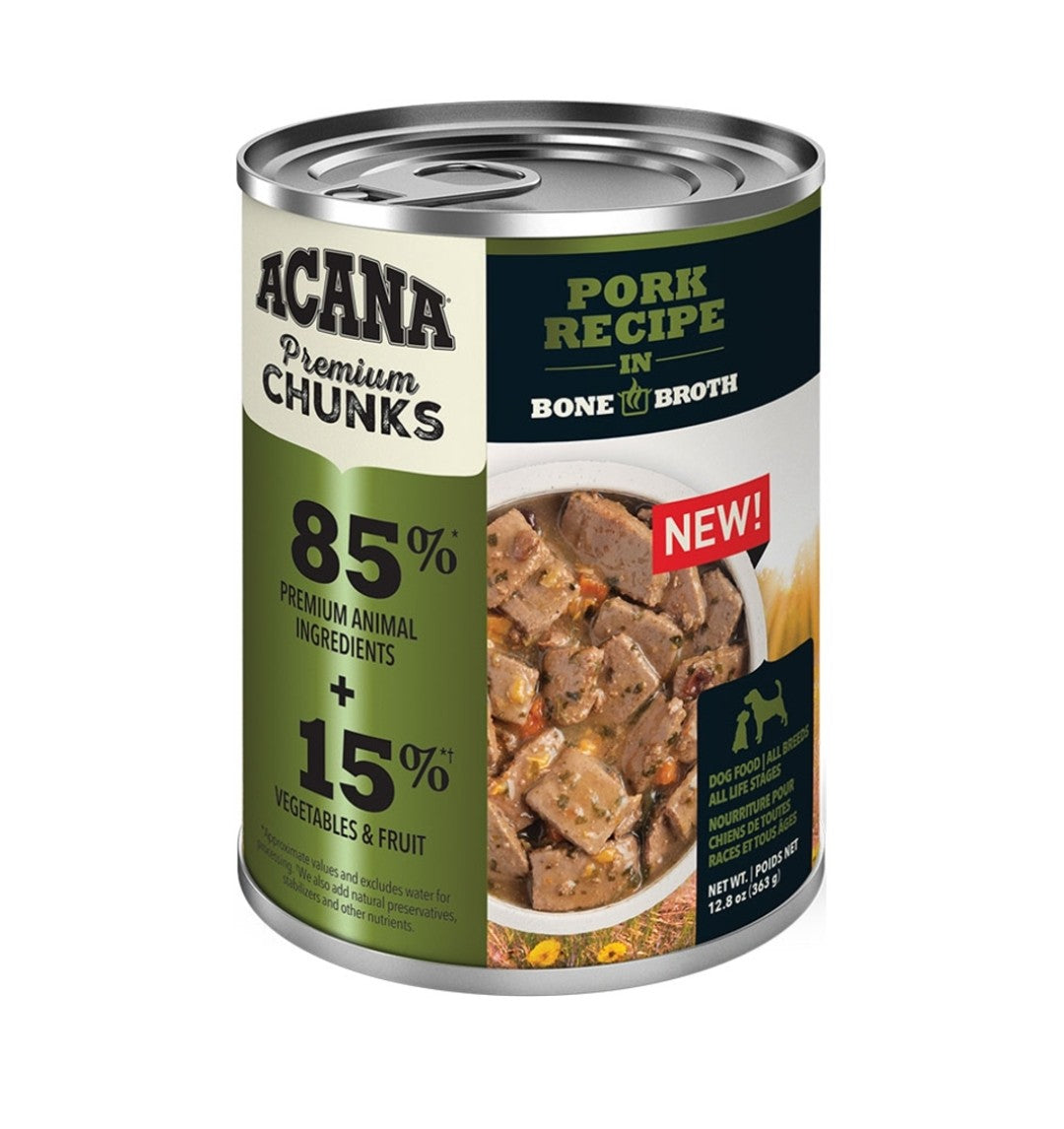 Acana Dog Food Grain Free Premium Chunks Pork Recipe In Bone Broth 12.8 oz 12 Pack