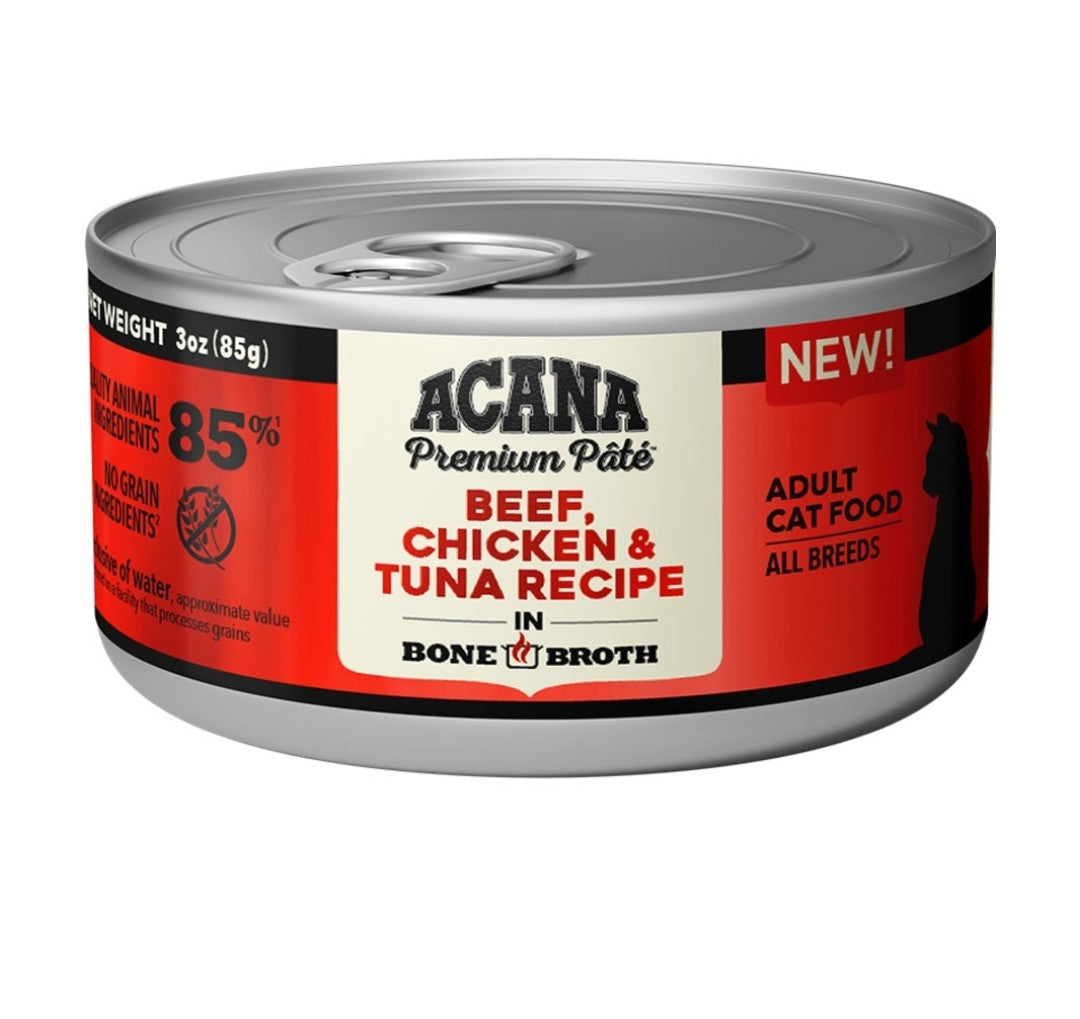 Acana Cat Food Grain Free Beef Chicken + Tuna Recipe In Bone Broth 3 oz- 24 Pack
