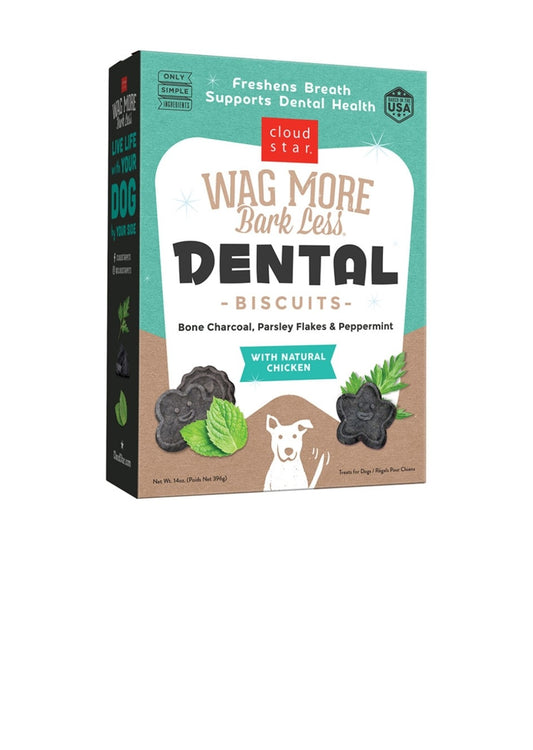 Cloud Star Dog Wag More Bark Less Dental Biscuit Chicken, Charcoal,Parsley and Mint 14 oz