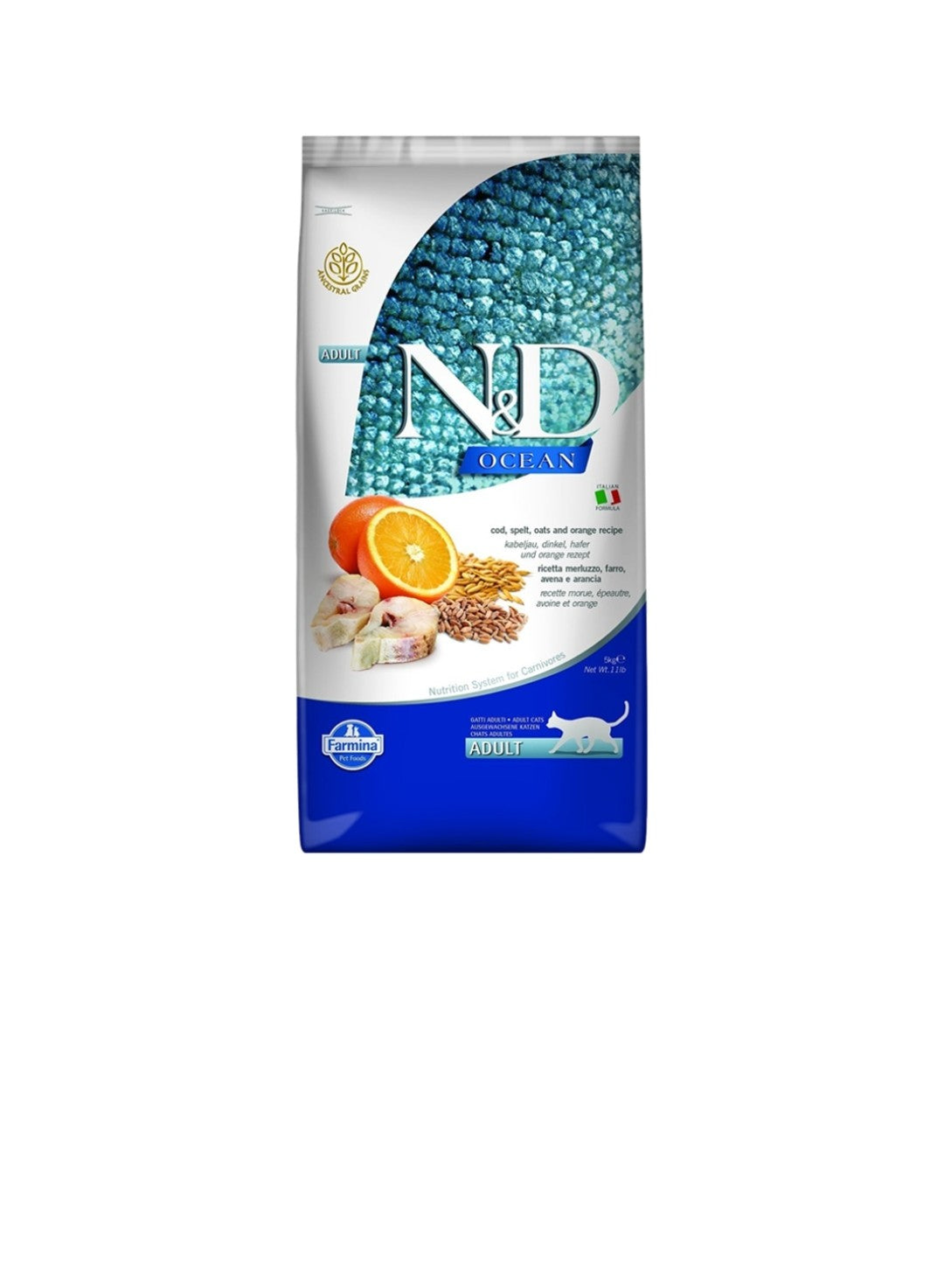 Farmina Cat N&D Ocean Ancestral Grain Cod Spelt Oats and Orange 11 lbs