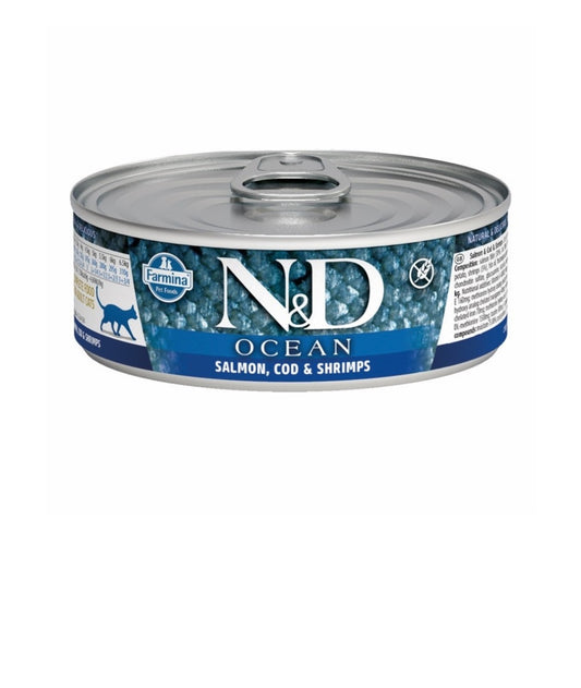 Farmina Cat N&D Ocean Grain Free Salmon, Cod and Shrimp 2.5 oz cans 24 pack
