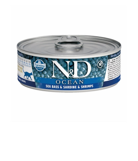 Farmina Cat N&D Ocean Grain Free Sea Bass Sardine and Shrimp 2.5 oz cans 24 pack