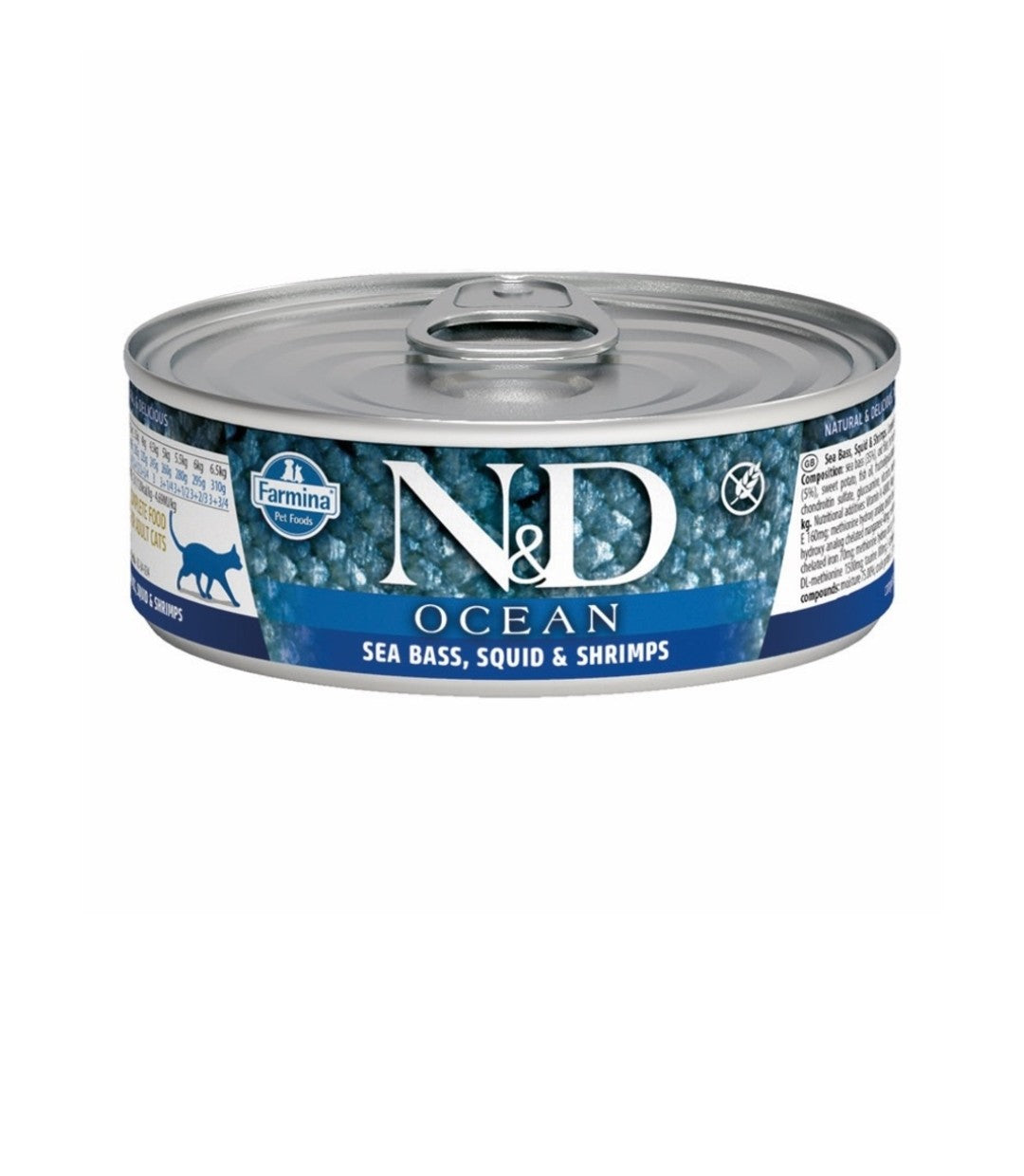 Farmina Cat N&D Ocean Grain Free Sea Bass Squid and Shrimp 2.5 oz cans 24 pack