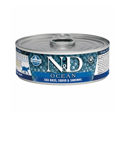 Farmina Cat N&D Ocean Grain Free Sea Bass Squid and Shrimp 2.5 oz cans 24 pack