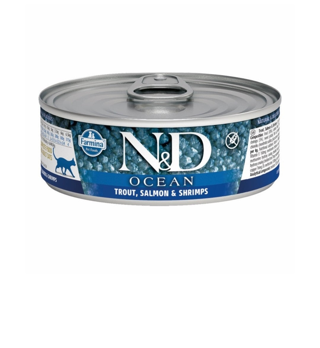 Farmina Cat N&D Ocean Grain Free Trout Salmon and Shrimp 2.5 oz cans 24 pack