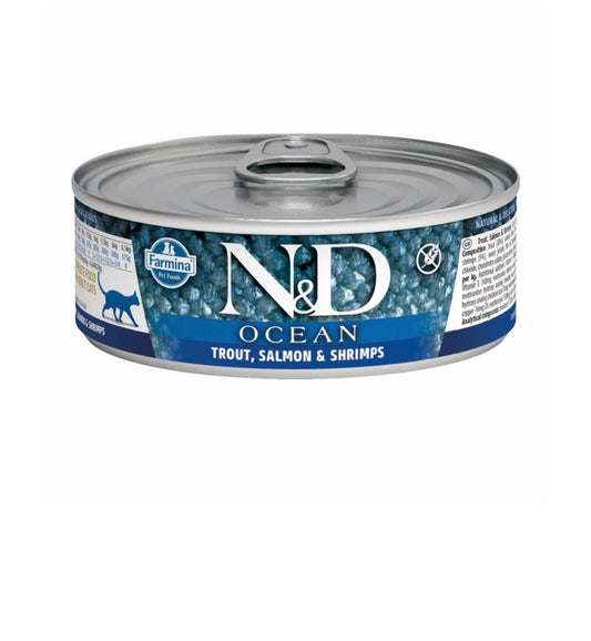 Farmina Cat N&D Ocean Grain Free Trout Salmon and Shrimp 2.5 oz cans 24 pack