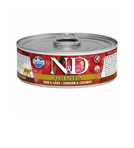 Farmina Cat N&D Quinoa Skin and Coat Grain Free Venison and Coconut 2.80 oz Cans 24 pack