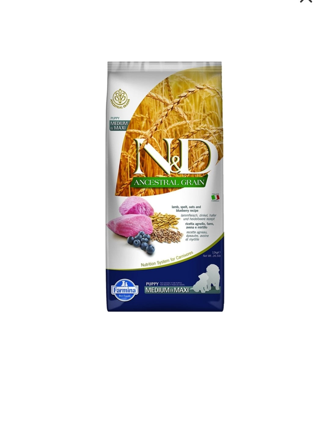Farmina Dog N&D Ancestral Grain Puppy Medium And Maxi Lamb and Blueberry 26.4 lbs