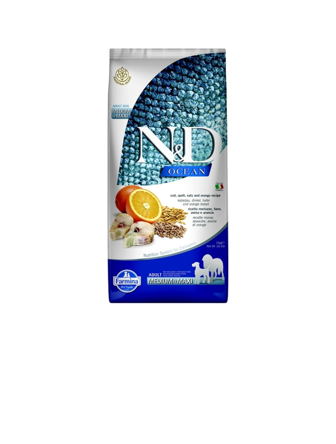 Farmina Dog N&D Ocean Adult Medium And Maxi Ancestral Grain Cod Spelt Oats and Orange 26.4 lbs