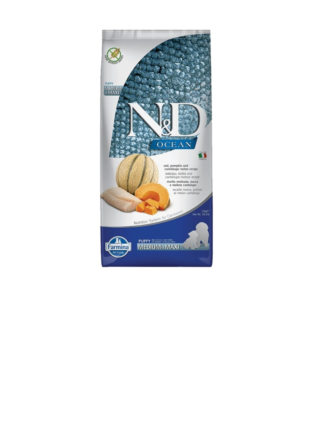 Farmina Dog N&D Ocean Puppy Medium And Maxi Grain Free Cod Pumpkin and Cantaloupe 26.4 lbs