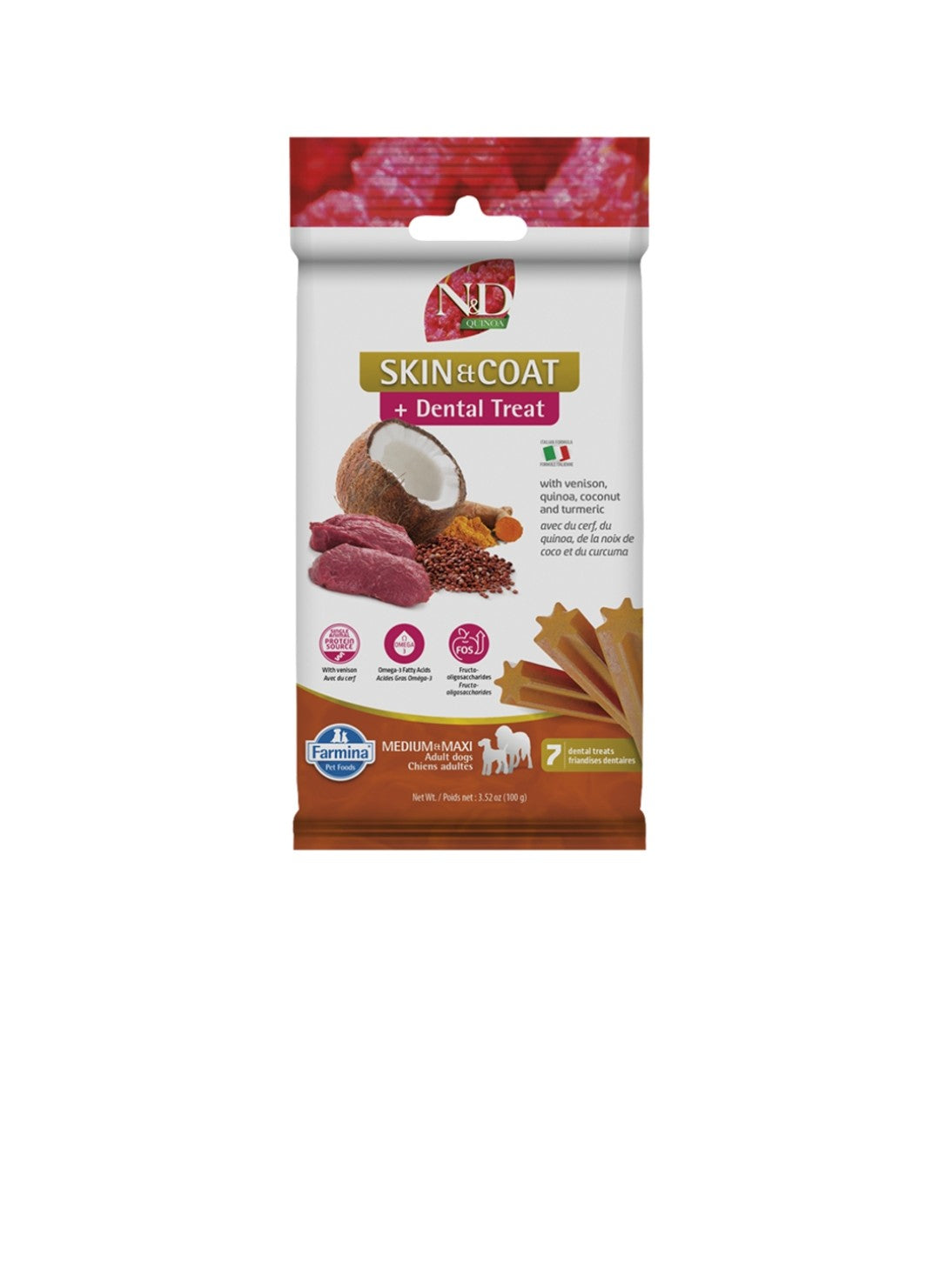 Farmina Dog N&D Quinoa Skin and Coat Treat Medium and Maxi Grain Free Venison 100 g