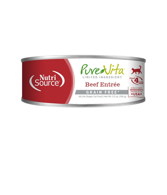 Pure Vita Cat Grain Free 96% Beef and Liver Entree 5.5 oz cans 12 pack