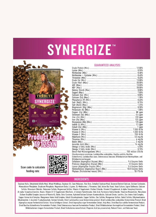 Tribute Synergize Low NSC High Fat Pelleted Horse Feed 50 lbs