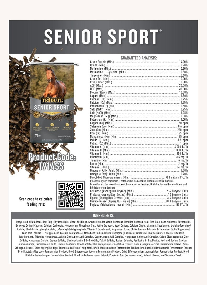 Tribute Senior Sport Textured Low  NSC High Fat and High Fiber Horse feed 50 lbs