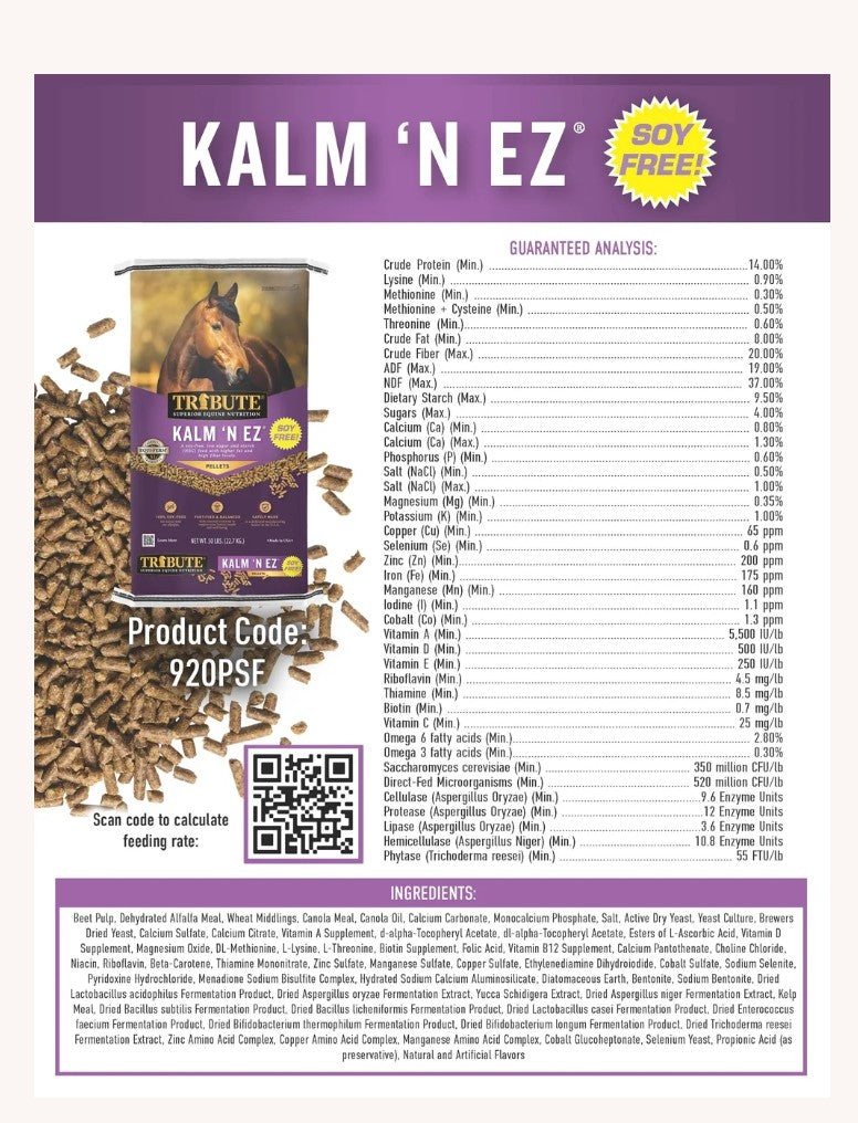Tribute Soy-Free Kalm N EZ Pellet Low NSC Horse Feed 50 lbs