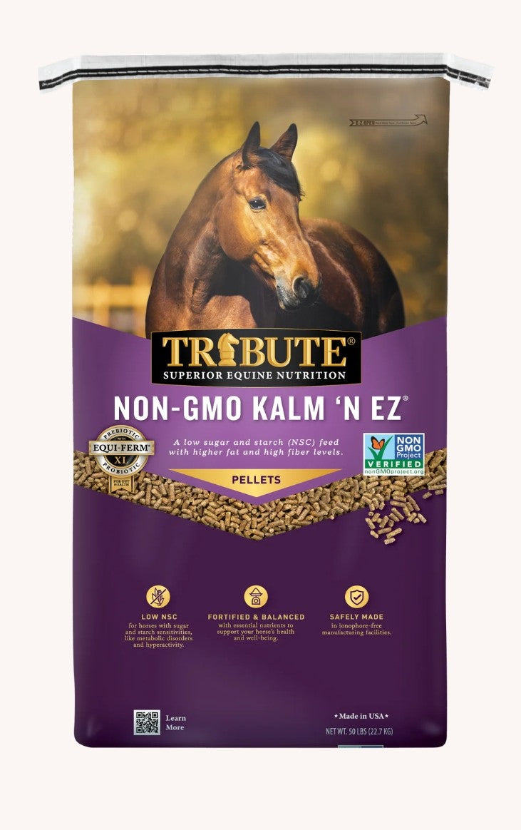 Tribute Kalm N EZ Pellet Non-GMO Low NSC Horse Feed 50 lbs