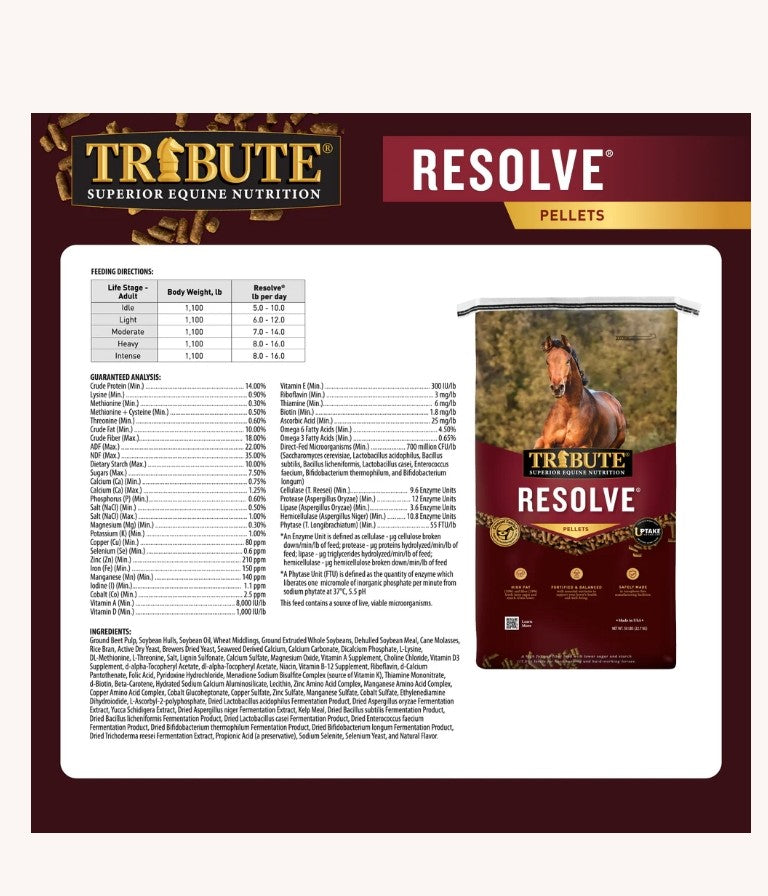 Tribute Resolve Pelleted Low NSC High Fat High Fiber Horse Feed 50 lbs