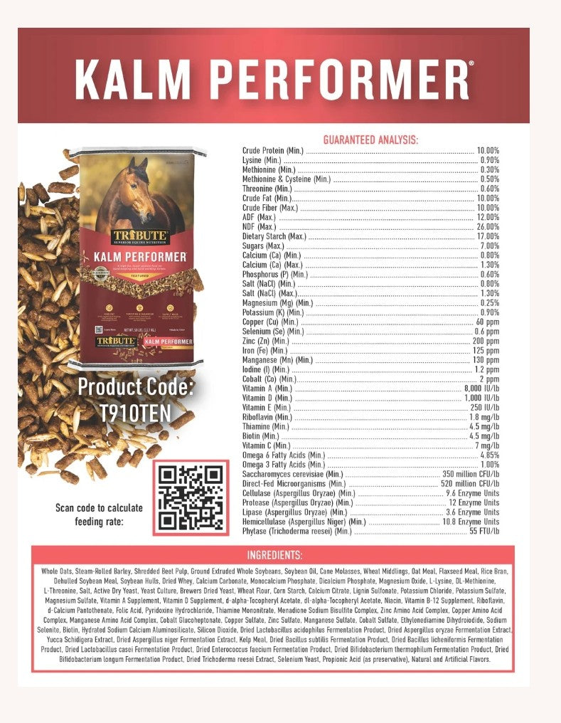 Tribute Kalm Performer Textured High Fat Horse feed 50 lbs