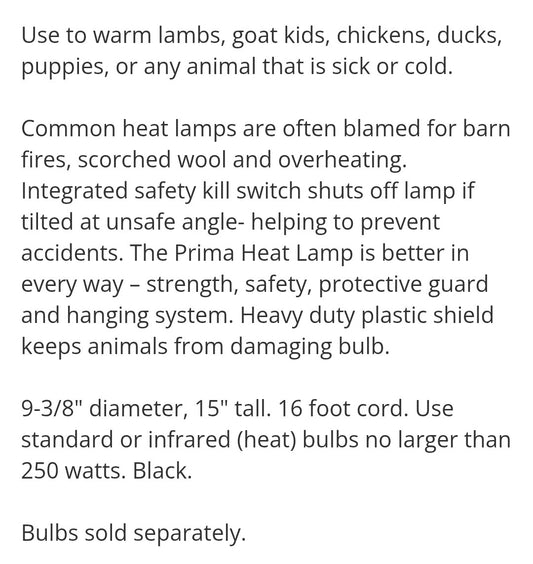 Prima Heat lamp 9- 3/8" Diameter 15" Tall 16 Foot Cord 250 Watts