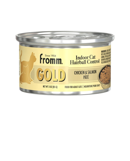 Fromm Cat Gold Indoor Cat Hairball Control Chicken and Salmon Pate 3 oz cans 12 pack